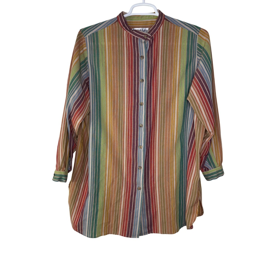 VTG 90s Jacque & KoKo Button Up Shirt Tunic Women XL Rainbow Stripe Hippie Artsy